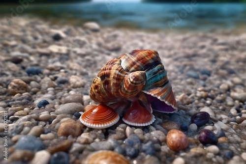 a Shellfish with trash realistic photography realism hd. Generative AI © wendi