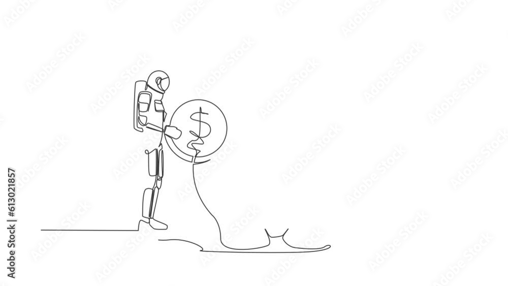 Self drawing animation of single line draw astronaut put dollar coin into piggy bank. Investing plan for space interstellar exploration. Cosmic galaxy space. Continuous line draw. Full length animated Self drawing animation of single line draw astronaut put dollar coin into piggy bank. Investing plan for space interstellar exploration. Cosmic galaxy space. Continuous line draw. Full length animated