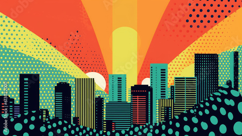Downtown cityscape with orange yellow sun ray sun burst comic halftone retro design. Summer design. Generative AI