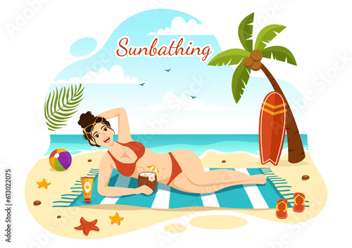 Sunbathing Vector Illustration of People Lying on Chaise Lounge and Relaxing on Beach Summer Holidays in Flat Cartoon Hand Drawn Templates