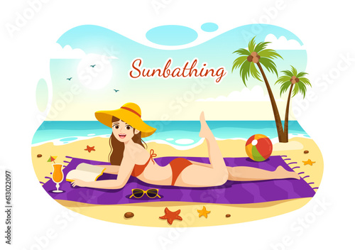 Sunbathing Vector Illustration of People Lying on Chaise Lounge and Relaxing on Beach Summer Holidays in Flat Cartoon Hand Drawn Templates © denayune