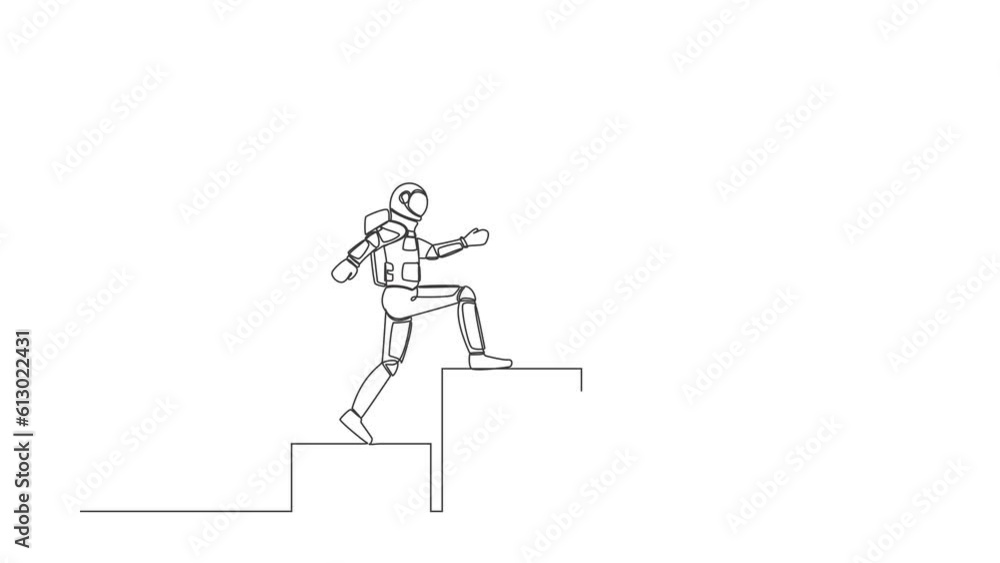 Animated self drawing of single continuous line draw astronaut run on graph staircase to get trophy. Way to achieve goal in spaceship exploration. Cosmonaut deep space. Full length one line animation Animated self drawing of single continuous line draw astronaut run on graph staircase to get trophy. Way to achieve goal in spaceship exploration. Cosmonaut deep space. Full length one line animation