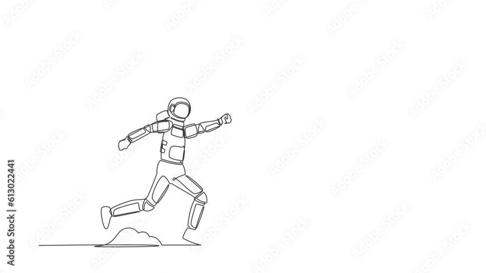 Self drawing animation of single one line draw astronaut trying to catch running chasing after run away winner trophy. Losing in spaceship galaxy expedition. Continuous line draw. Full length animated Self drawing animation of single one line draw astronaut trying to catch running chasing after run away winner trophy. Losing in spaceship galaxy expedition. Continuous line draw. Full length animated