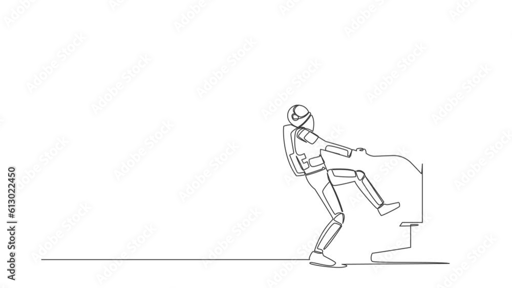 Animated self drawing of continuous line draw astronaut pulling trophy from monitor screen. Award on winning spaceship exploration competition. Cosmonaut outer space. Full length single line animation