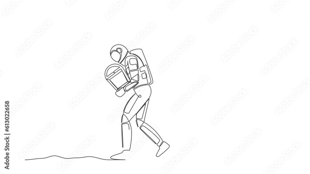 Animated self drawing of continuous line draw astronaut carrying treasure chest from moon underground. Treasure digging, growth wealth process. Cosmonaut deep space. Full length one line animation Animated self drawing of continuous line draw astronaut carrying treasure chest from moon underground. Treasure digging, growth wealth process. Cosmonaut deep space. Full length one line animation