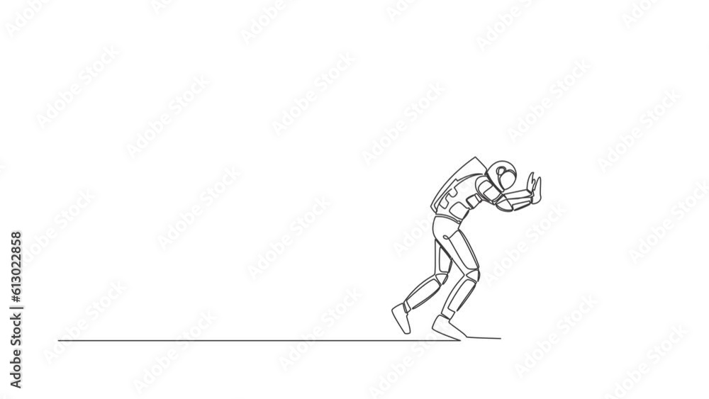 Self drawing animation of single line draw of astronaut pushing wall in moon surface. Challenge and problem in spaceship expedition. Cosmic galaxy space concept. Continuous line. Full length animated Self drawing animation of single line draw of astronaut pushing wall in moon surface. Challenge and problem in spaceship expedition. Cosmic galaxy space concept. Continuous line. Full length animated