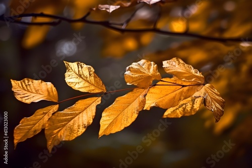 Closeup shot of beautiful golden leaves on a branch with. Generative AI