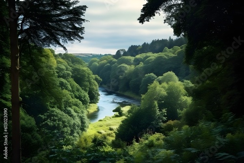 landscape shot of thick forest and a river realistic phot. Generative AI