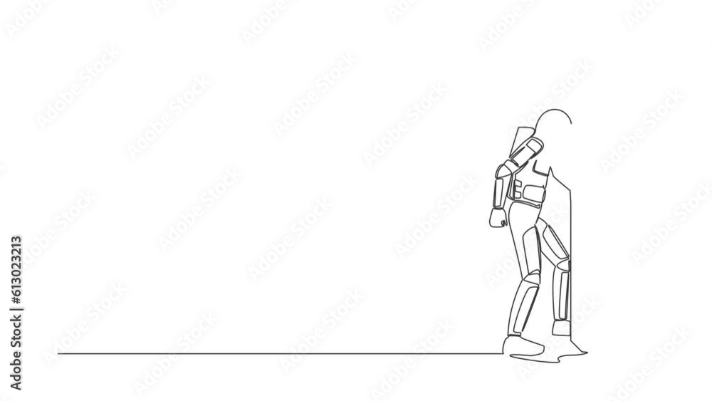 Self drawing animation of single line draw astronaut enters room through door. Spaceman walking to opened door. Starting new day at office. Cosmic galaxy space. Continuous line. Full length animated Self drawing animation of single line draw astronaut enters room through door. Spaceman walking to opened door. Starting new day at office. Cosmic galaxy space. Continuous line. Full length animated