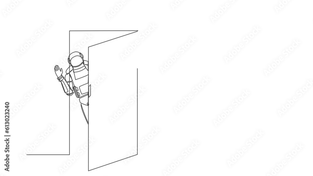 Self drawing animation of single line draw astronaut looking from behind open door in moon surface. Spaceman peeking of door and wave hands. Cosmic galaxy space. Continuous line. Full length animated Self drawing animation of single line draw astronaut looking from behind open door in moon surface. Spaceman peeking of door and wave hands. Cosmic galaxy space. Continuous line. Full length animated
