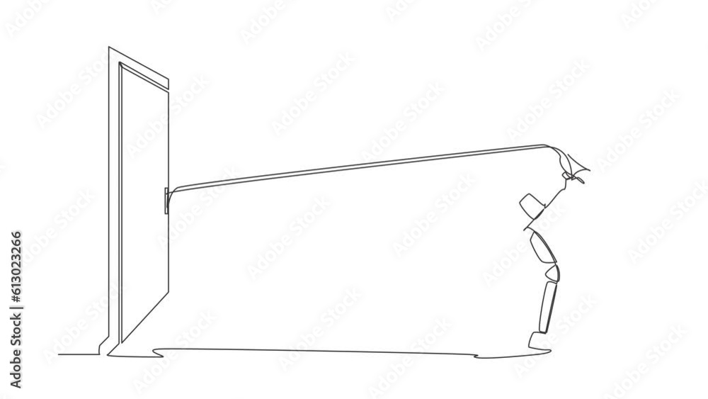 Animated self drawing of continuous line draw young astronaut trying hard to pulling rope to drag heavy door frame, metaphor to facing big problem. Cosmonaut deep space. Full length one line animation Animated self drawing of continuous line draw young astronaut trying hard to pulling rope to drag heavy door frame, metaphor to facing big problem. Cosmonaut deep space. Full length one line animation