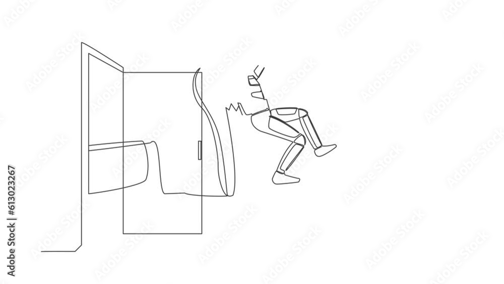 Animated self drawing of continuous line draw young astronaut get kicked out of door. Dismissed from his job. Boss kicks unnecessary spaceman. Cosmonaut outer space. Full length single line animation Animated self drawing of continuous line draw young astronaut get kicked out of door. Dismissed from his job. Boss kicks unnecessary spaceman. Cosmonaut outer space. Full length single line animation