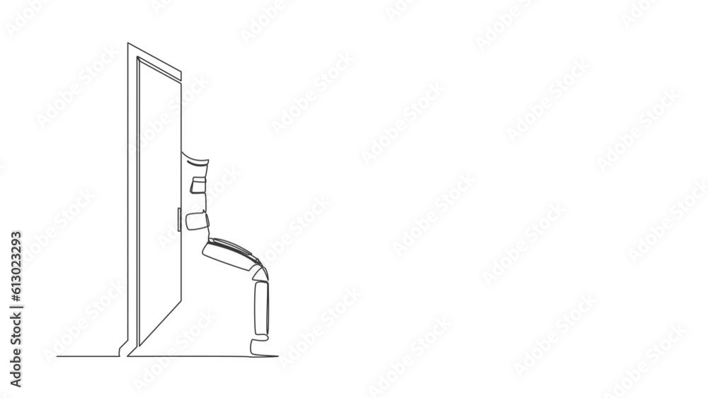 Animated self drawing of continuous line draw of astronaut pushing door with his back. Spaceman overcoming obstacles in spaceship expedition. Cosmonaut outer space. Full length single line animation Animated self drawing of continuous line draw of astronaut pushing door with his back. Spaceman overcoming obstacles in spaceship expedition. Cosmonaut outer space. Full length single line animation