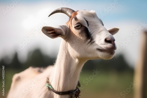 Macro shot of a goat looking into the distance in a field. Generative AI