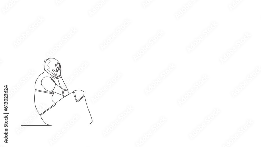 Animated self drawing of continuous line draw robot cover face, feeling sad, depression sitting on floor. Humanoid cybernetic organism. Future robotic development. Full length single line animation Animated self drawing of continuous line draw robot cover face, feeling sad, depression sitting on floor. Humanoid cybernetic organism. Future robotic development. Full length single line animation