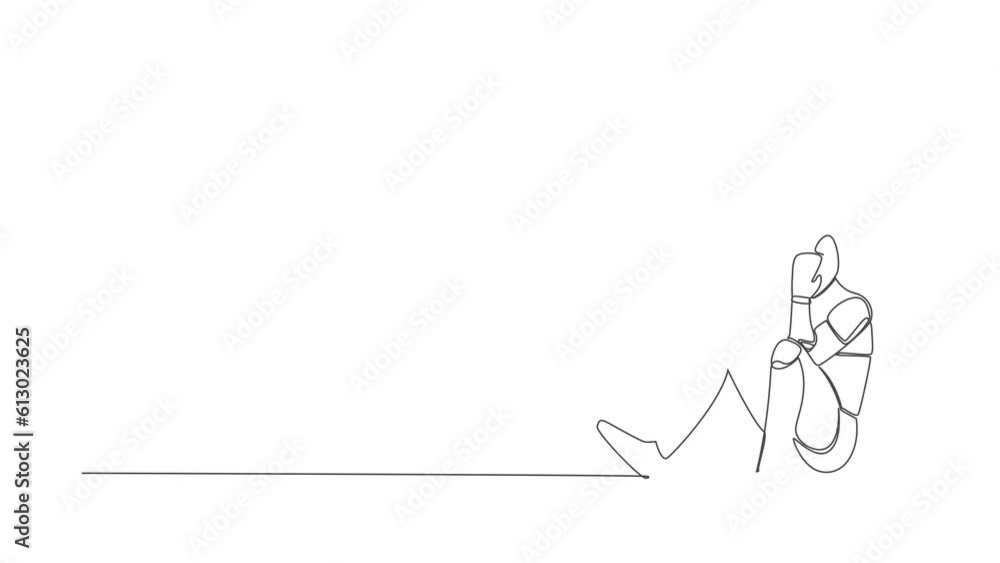Animated self drawing of continuous line draw robot cover his face by hands and sitting on the floor. Depression disorder, sad, sorrow. Robotic machine learning process. Full length one line animation Animated self drawing of continuous line draw robot cover his face by hands and sitting on the floor. Depression disorder, sad, sorrow. Robotic machine learning process. Full length one line animation