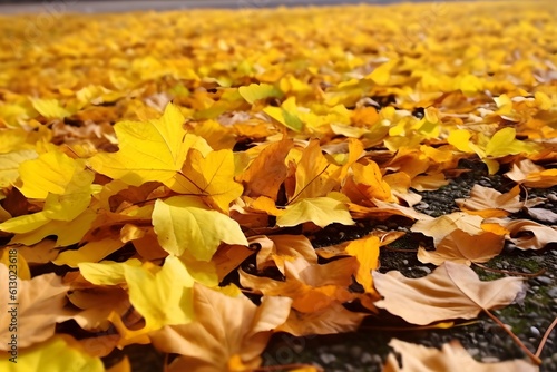 yellow leaves on ground realistic photography realism hd. Generative AI