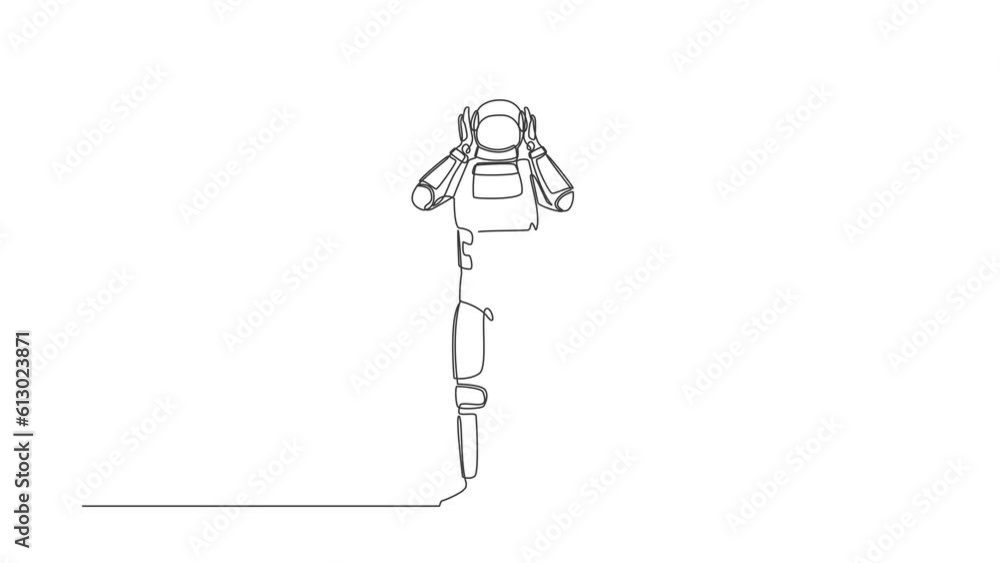 Animated self drawing of continuous line draw astronaut has headache, hands on his head, migraine, pain head due to spacecraft company bankruptcy. Cosmonaut deep space. Full length one line animation Animated self drawing of continuous line draw astronaut has headache, hands on his head, migraine, pain head due to spacecraft company bankruptcy. Cosmonaut deep space. Full length one line animation