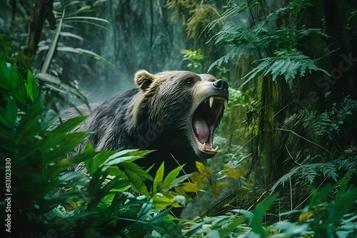 A Bear in the deep rainforest Flicking its tongue Lush. Generative Ai