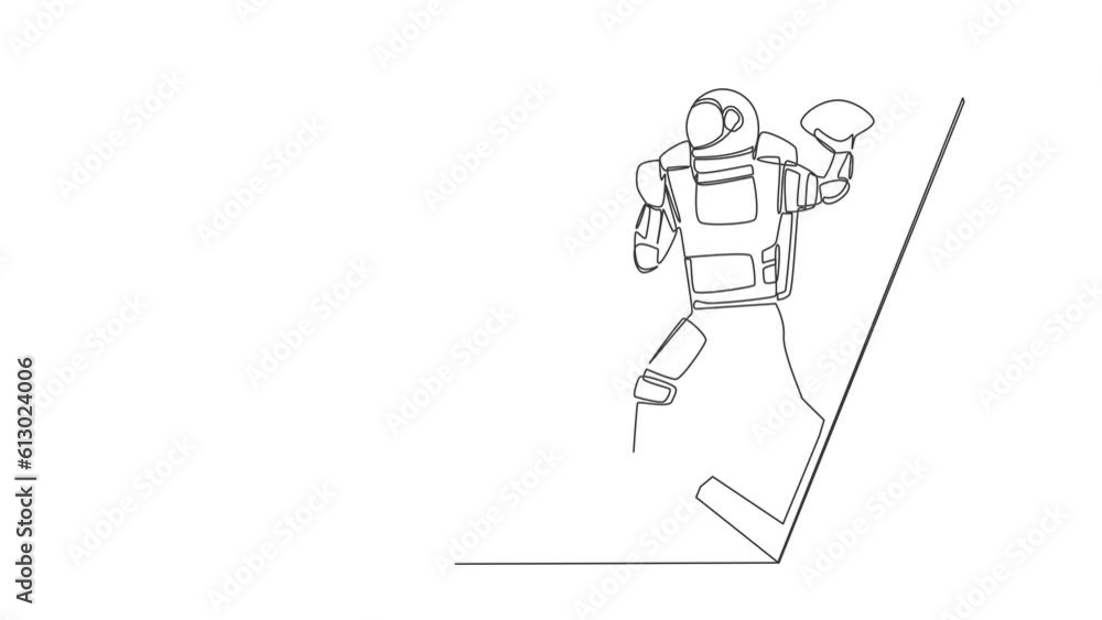 Self drawing animation of single line draw of american football astronaut player running getting out of smartphone screen. Cosmic space. Online game mobile app. Continuous line. Full length animated Self drawing animation of single line draw of american football astronaut player running getting out of smartphone screen. Cosmic space. Online game mobile app. Continuous line. Full length animated