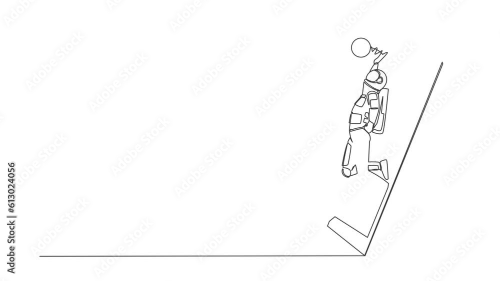 Animated self drawing of continuous line draw young astronaut volleyball athlete player in action jumping spike getting out of smartphone screen. Cosmonaut deep space. Full length one line animation Animated self drawing of continuous line draw young astronaut volleyball athlete player in action jumping spike getting out of smartphone screen. Cosmonaut deep space. Full length one line animation