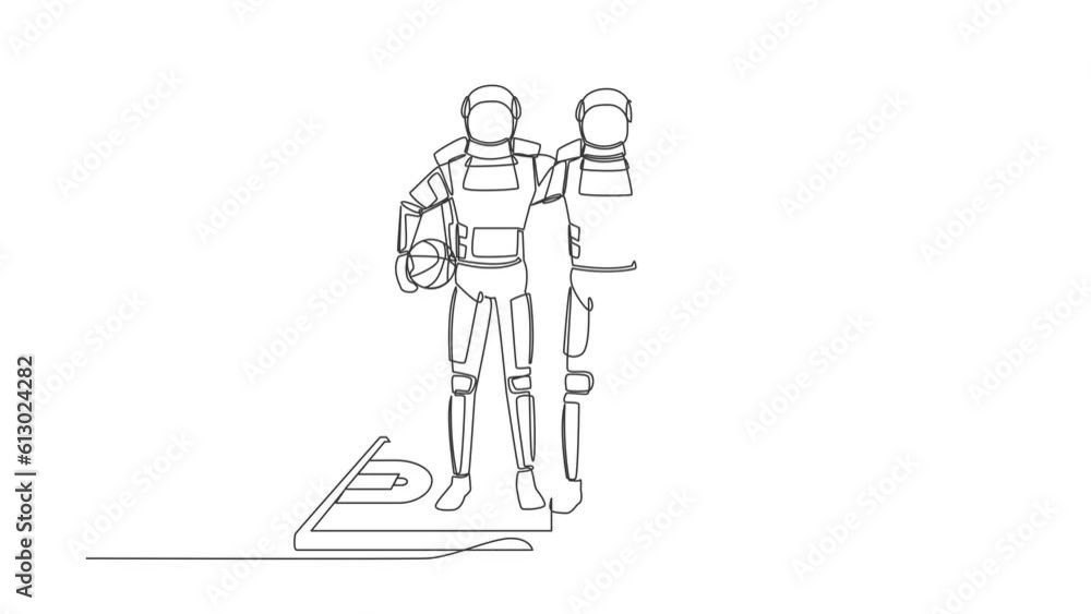 Self drawing animation of single line draw basketball players astronaut embrace each other on surface of smartphone. Mobile basketball. Cosmic galaxy space. Continuous line draw. Full length animated Self drawing animation of single line draw basketball players astronaut embrace each other on surface of smartphone. Mobile basketball. Cosmic galaxy space. Continuous line draw. Full length animated