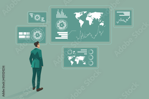 Businessman watching futuristic hologram interface. Business vector concept illustration