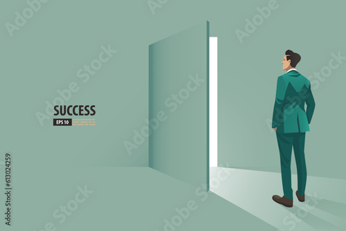 Businessman opening the secret door.  Business vector concept illustration