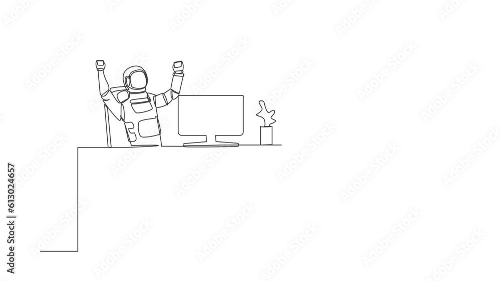 Self drawing animation of single line draw astronaut sitting with raised hands near desk computer. Successful launch spaceship rocket. Cosmic galaxy space. Continuous line draw. Full length animated Self drawing animation of single line draw astronaut sitting with raised hands near desk computer. Successful launch spaceship rocket. Cosmic galaxy space. Continuous line draw. Full length animated