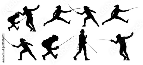 silhouettes of fencers in action isolated against a transparent background 