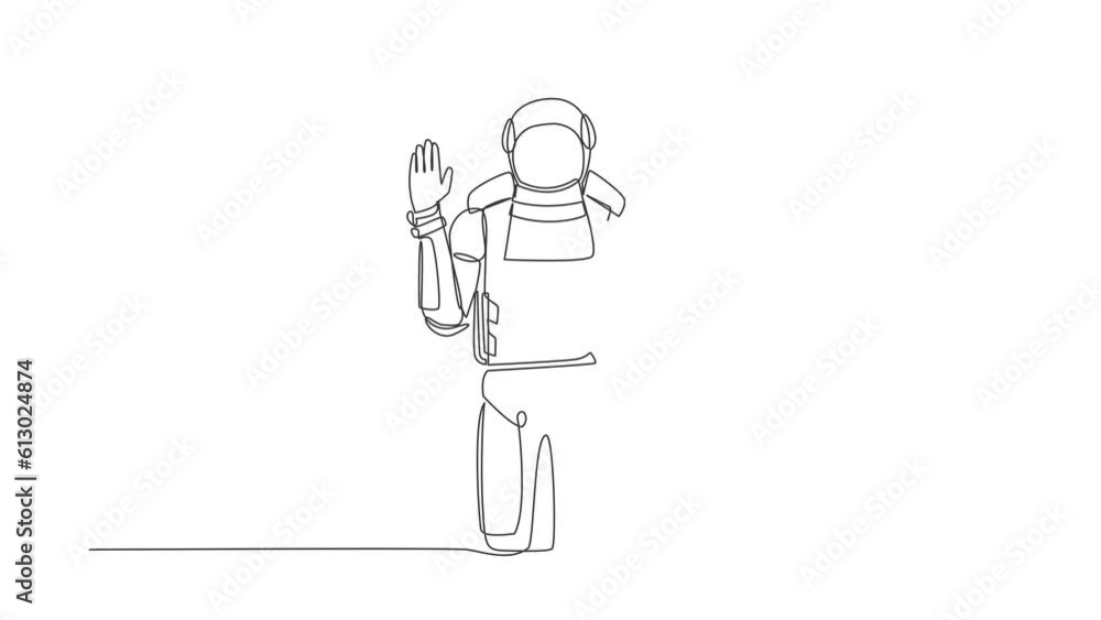 Animated self drawing of single continuous line draw young astronaut standing with palm as stop signal, stay, hold, rejection gesture. Cosmonaut deep space concept. Full length one line animation Animated self drawing of single continuous line draw young astronaut standing with palm as stop signal, stay, hold, rejection gesture. Cosmonaut deep space concept. Full length one line animation