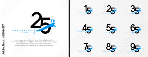 set of anniversary logo flat black color number and blue ribbon on white background for celebration