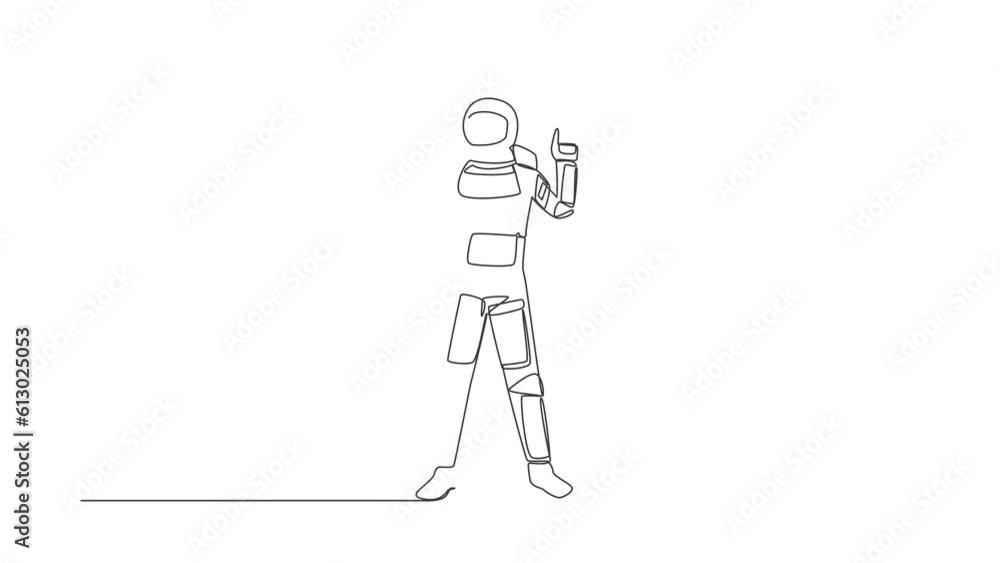 Self drawing animation of single one line draw young astronaut holding clipboard and pointing index finger up in moon surface. Cosmic galaxy space concept. Continuous line draw. Full length animated Self drawing animation of single one line draw young astronaut holding clipboard and pointing index finger up in moon surface. Cosmic galaxy space concept. Continuous line draw. Full length animated