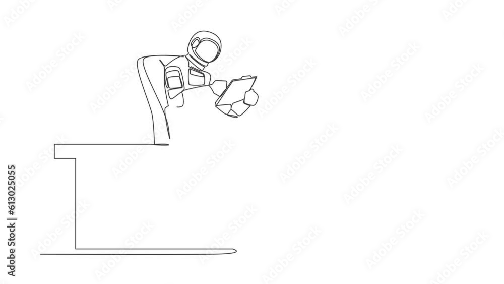 Self drawing animation of single line draw astronaut sitting on chair near office desk and showing clipboard in moon surface. Cosmic galaxy space concept. Continuous line draw. Full length animated Self drawing animation of single line draw astronaut sitting on chair near office desk and showing clipboard in moon surface. Cosmic galaxy space concept. Continuous line draw. Full length animated