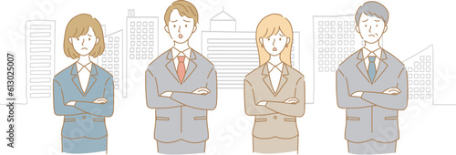 腕組みをする困った顔のスーツの男女のイラスト