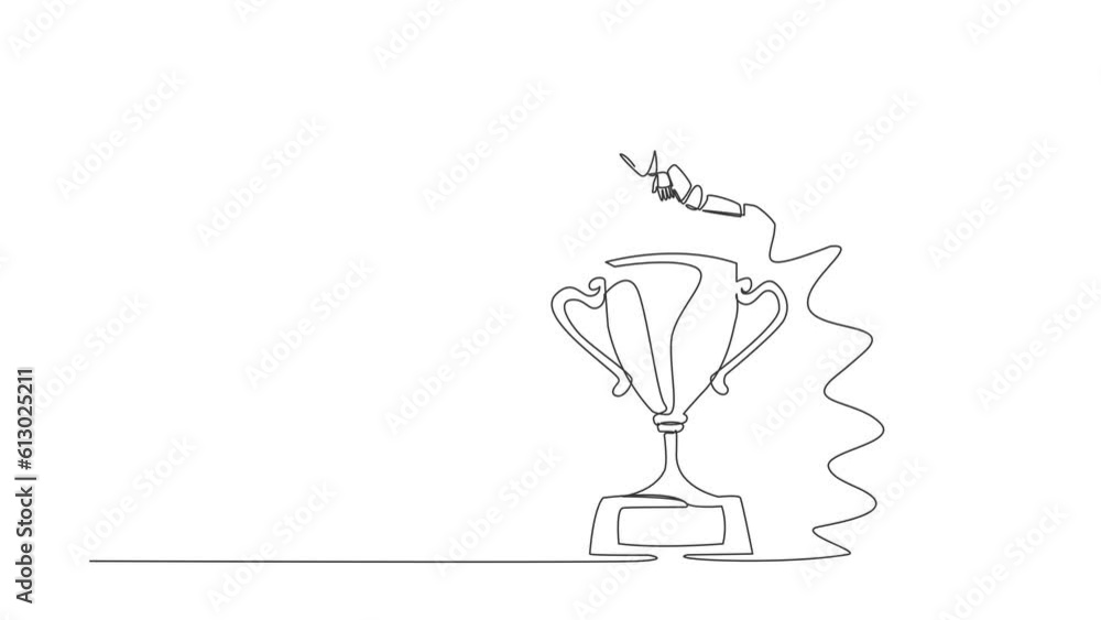 Animated self drawing of continuous line draw young astronaut jumping over big trophy. Challenge or succeed in spaceship business competition. Cosmonaut outer space. Full length single line animation Animated self drawing of continuous line draw young astronaut jumping over big trophy. Challenge or succeed in spaceship business competition. Cosmonaut outer space. Full length single line animation