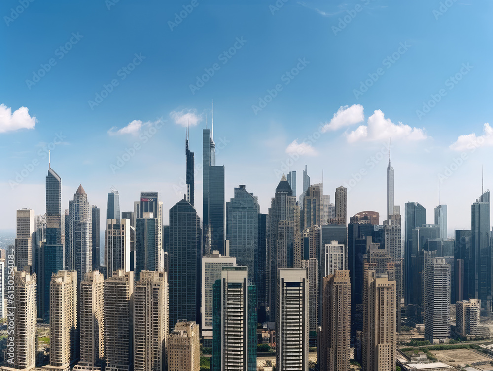 Urban Majesty: Panoramic View of a Dynamic Cityscape under a Blue Sky