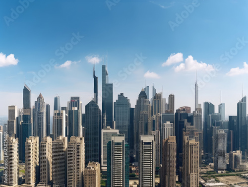 Urban Majesty: Panoramic View of a Dynamic Cityscape under a Blue Sky