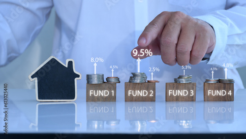 Finance and Mutual funds concept.Businessman choose investor funds  financial. Business target strategies  mutual funds  capital markets  future planning Business growth  retirement  interest rates.