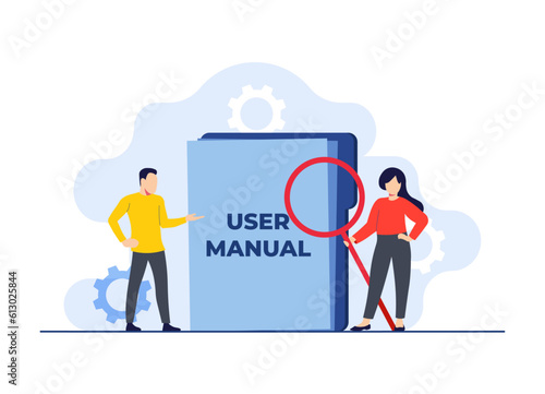Characters checking user manual book, Handbook, Guidebook, instruction book, Customer guide, Useful information, Technical document, Help, Specifications user guidance flat illustrations