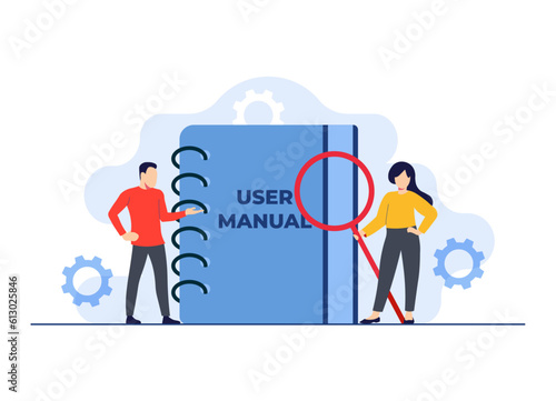Characters checking user manual book, Handbook, Guidebook, instruction book, Customer guide, Useful information, Technical document, Help, Specifications user guidance flat illustrations