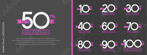 set of anniversary logo white color number and purple ribbon on black background for celebration photo