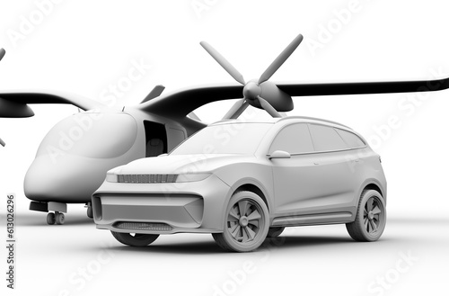 Clay rendering of an Electric SUV parking in front of an Electric VTOL passenger aircraft. 3D rendering image.