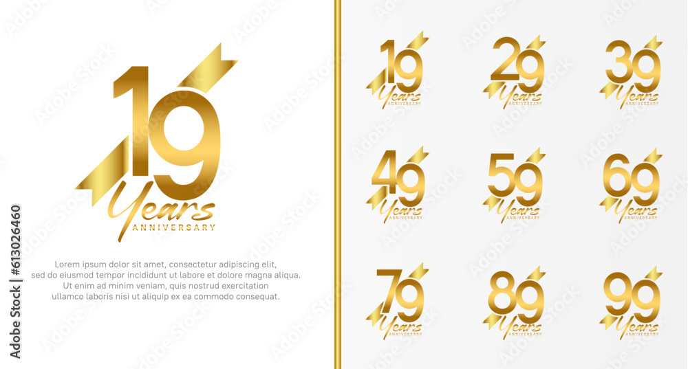 set of anniversary logo gold color number and golden ribbon on white background for celebration set of anniversary logo gold color number and golden ribbon on white background for celebration
