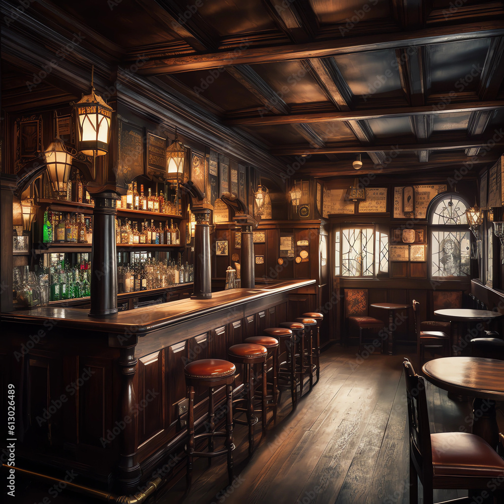 Old bar scene. Traditional or British style bar or pub interior, with wooden paneling and countertops. Generative AI
