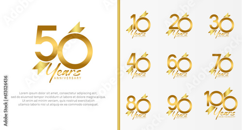 set of anniversary logo gold color number and golden ribbon on white background for celebration