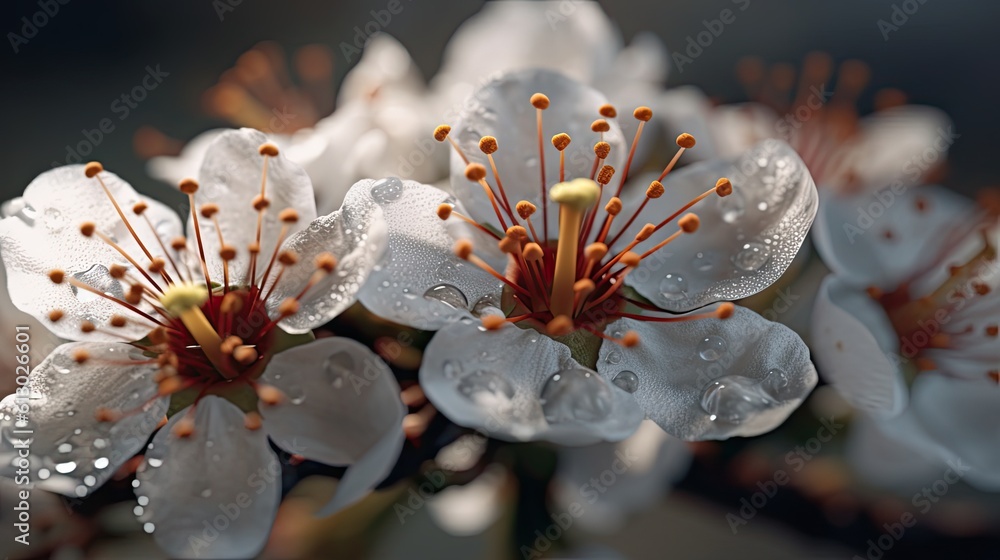 a close up of flower on tree branch with water droplets