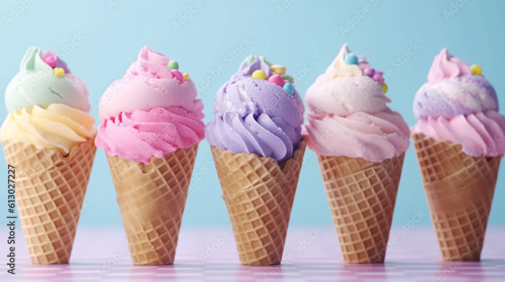 Variety of ice cream in various flavors on a blue background Variety of ice cream in various flavors on a blue background