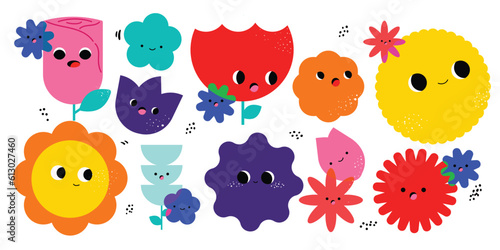 Set of Cute funny characters Geometric flower Figures with face emotions.  Hand drawn trendy Vector illustration for kids. 