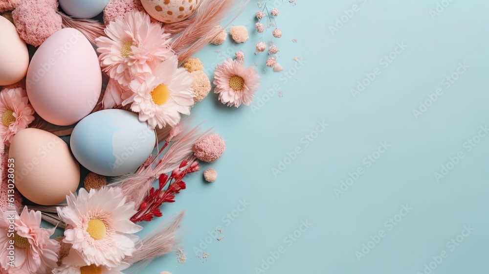 Top View of Happy Easter Day banner concept design of colorful eggs and flowers on pastel background Top View of Happy Easter Day banner concept design of colorful eggs and flowers on pastel background